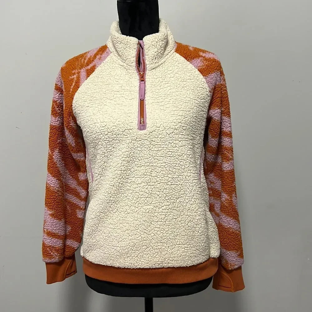 Athleta Girl Cream/Orange Long Sleeve So Snug Sherpa Half Zip Size X-Large/14